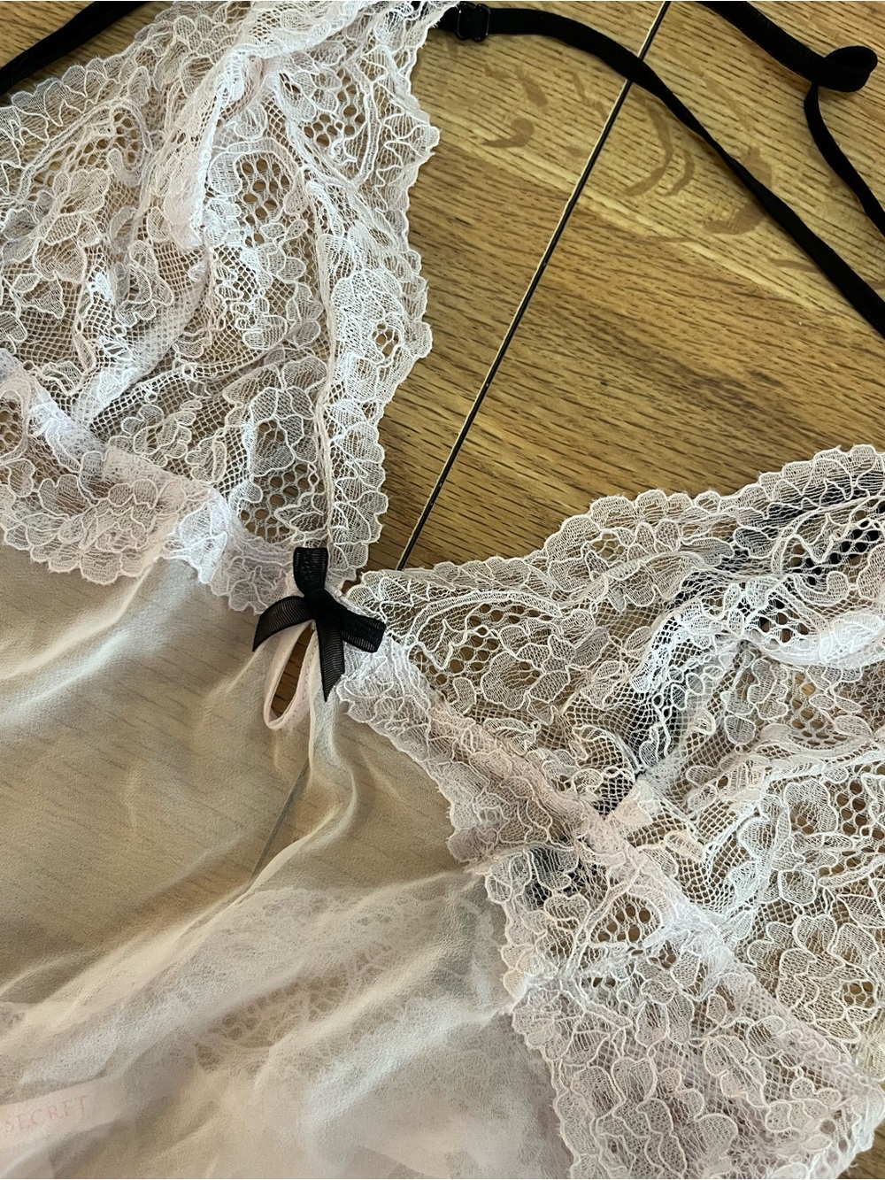 Victoria's Secret White / baby pink Lace Sheer Chemise with Black Accents